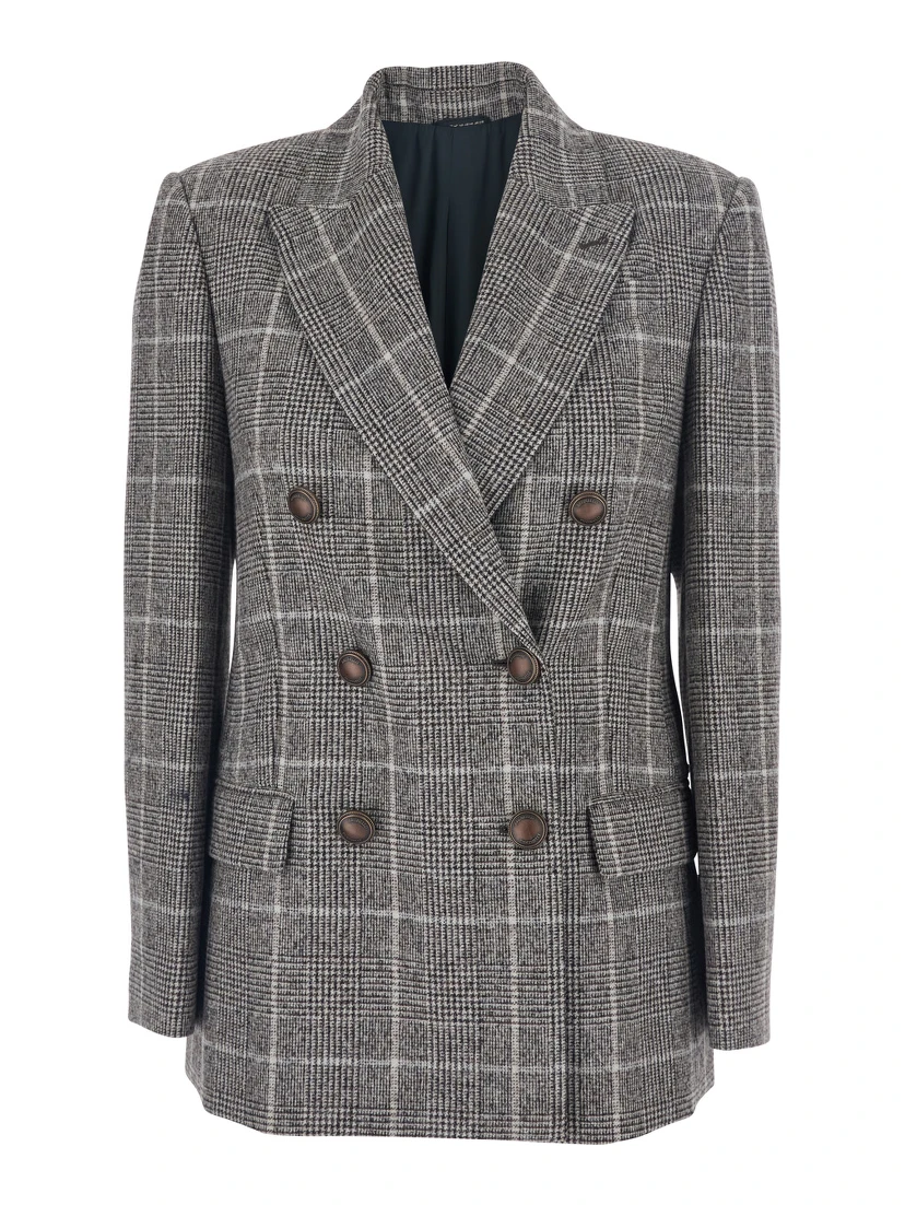 Grey Double-Breasted Jacket with All-Over Check Motif in Wool Woman