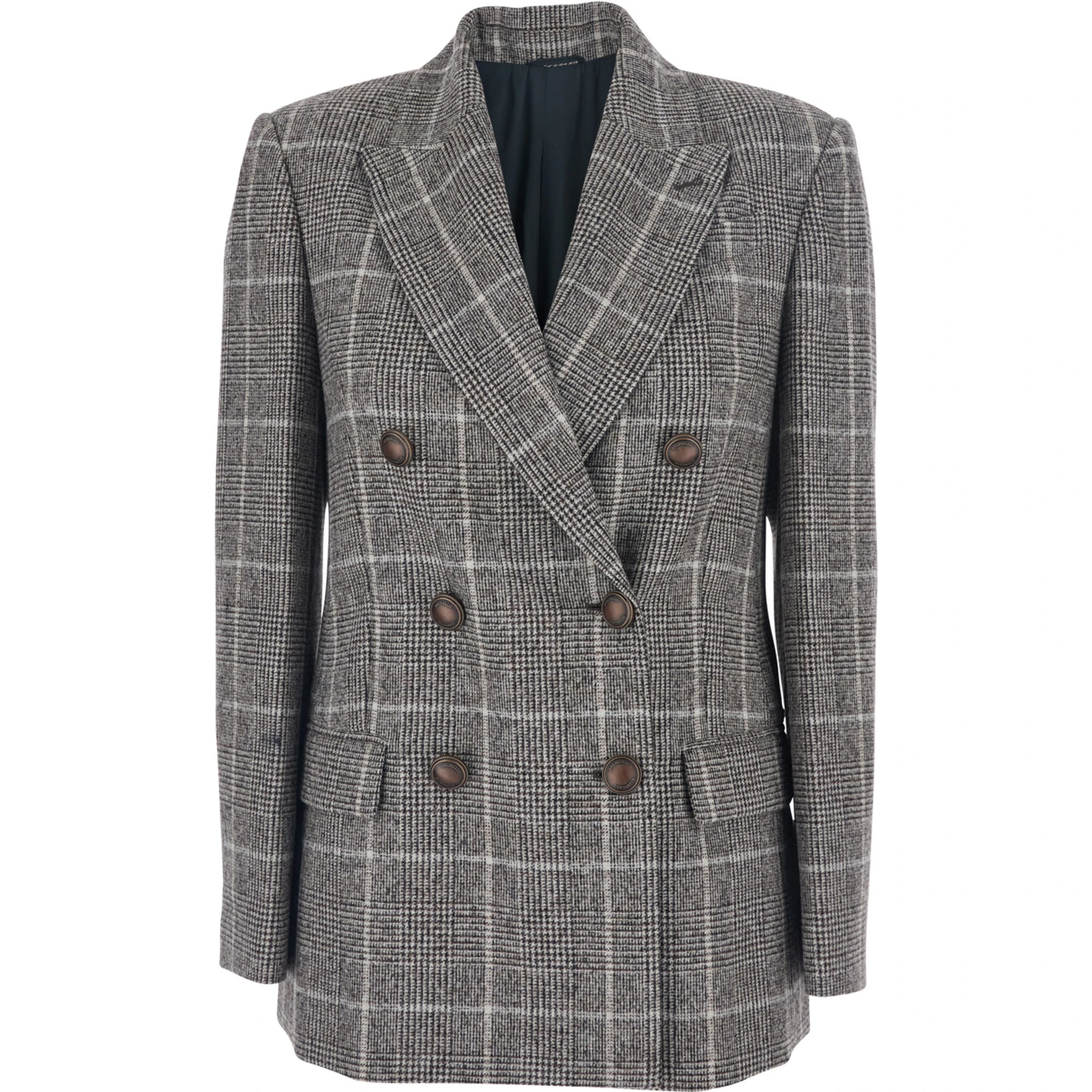 Grey Double-Breasted Jacket with All-Over Check Motif in Wool Woman
