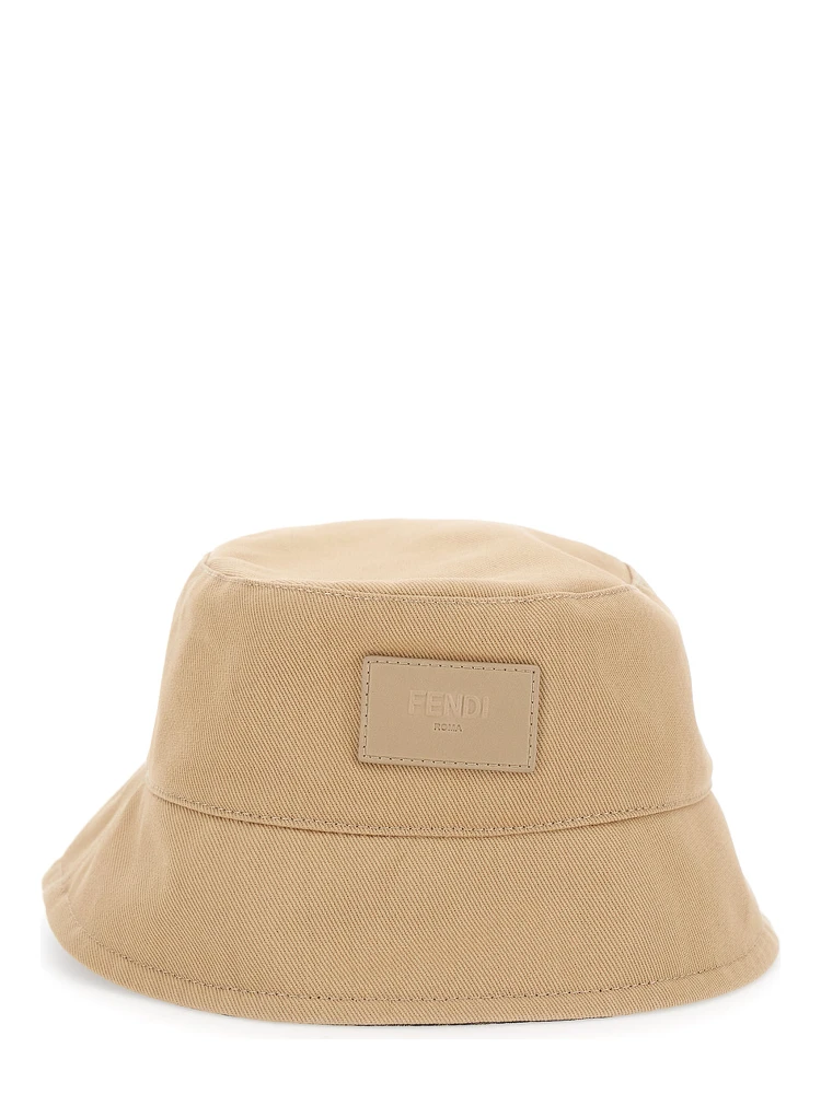 Beige Bucket Hat with Tonal FF Logo Embroidery in Cotton Man