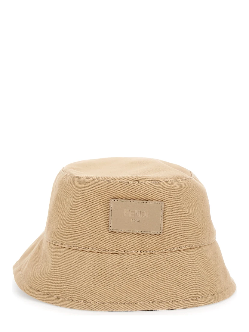 Beige Bucket Hat with Tonal FF Logo Embroidery in Cotton Man