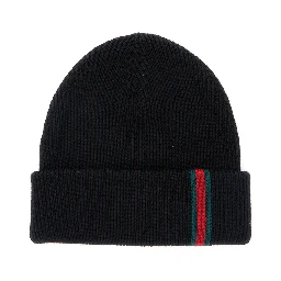 Black Ribbed Knit Beanie with Web Detail on the Front in Wool Man