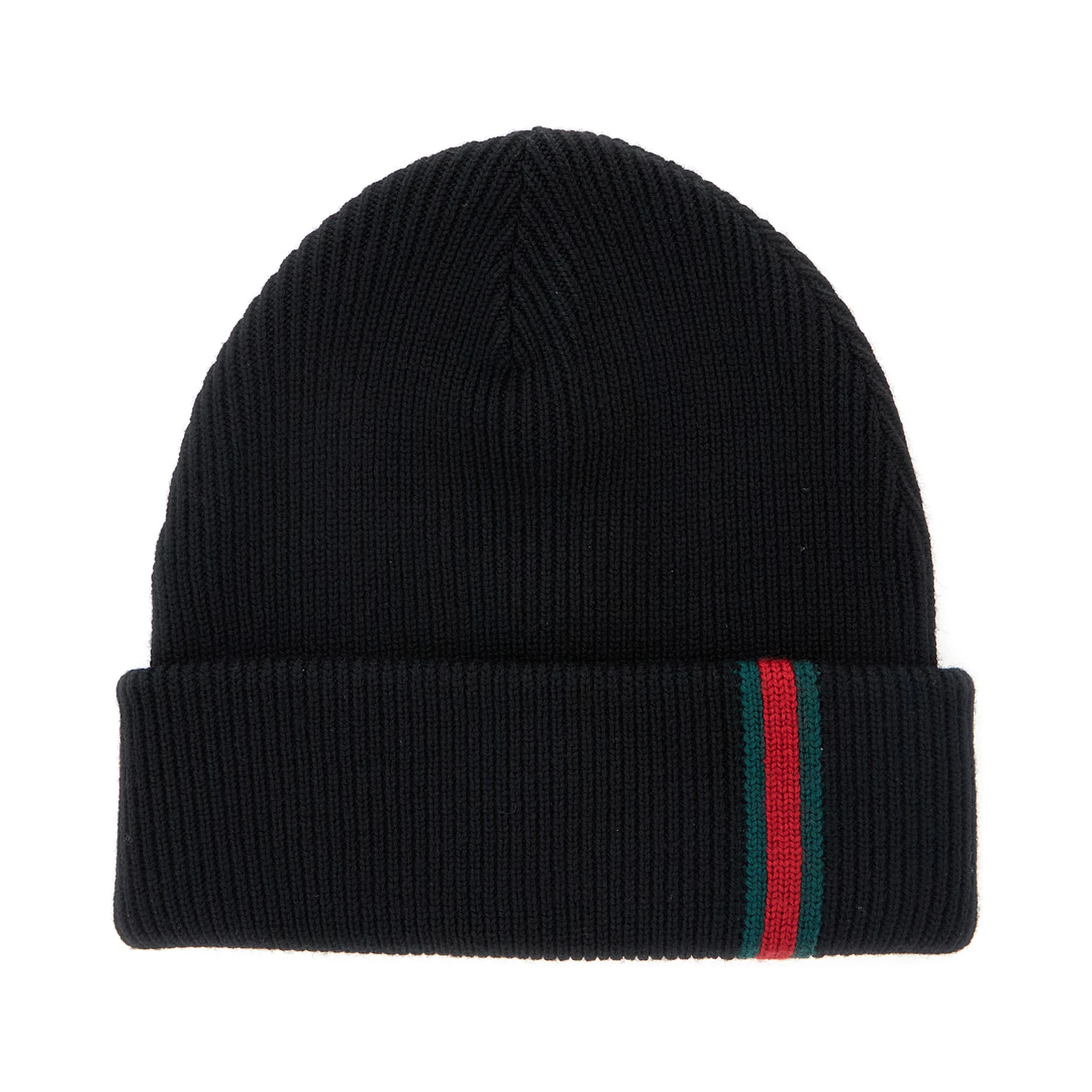 Black Ribbed Knit Beanie with Web Detail on the Front in Wool Man