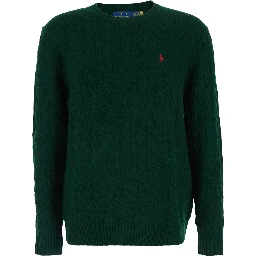 Green Cable Knit Crewneck Sweater with Pony Embroidery on the Front in Wool and Cashmere Man