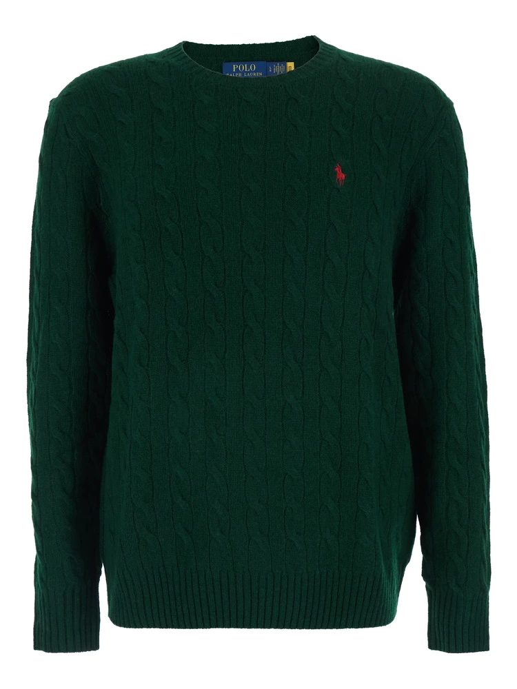 Green Cable Knit Crewneck Sweater with Pony Embroidery on the Front in Wool and Cashmere Man