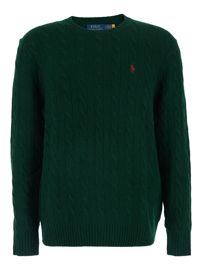 Green Cable Knit Crewneck Sweater with Pony Embroidery on the Front in Wool and Cashmere Man