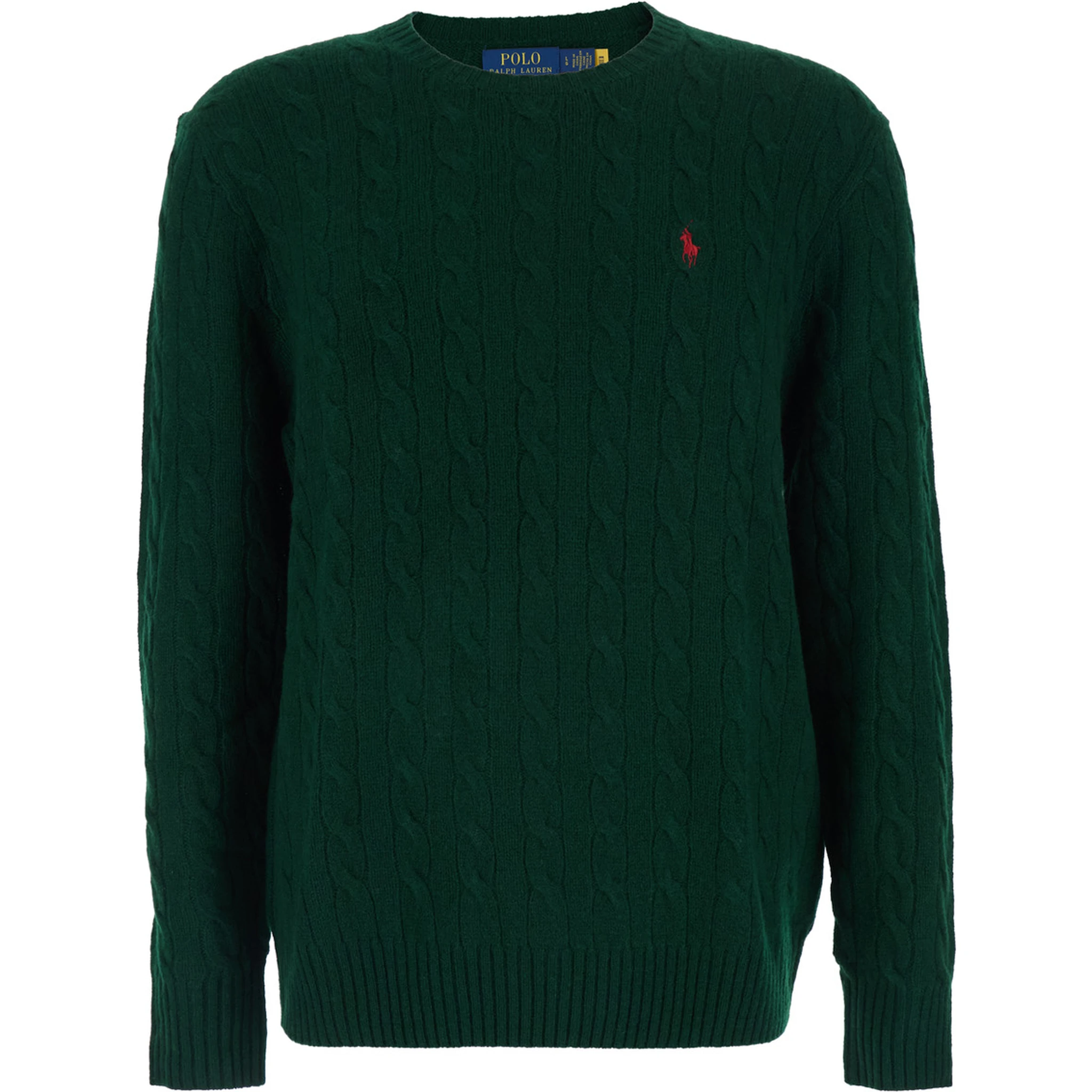 Green Cable Knit Crewneck Sweater with Pony Embroidery on the Front in Wool and Cashmere Man