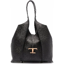 Black Tote Bag with T Timeless Charm in Leather Woman