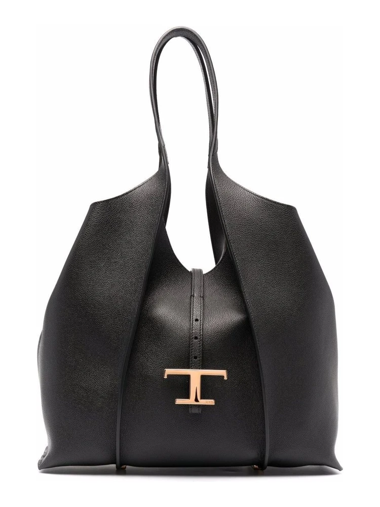 Black Tote Bag with T Timeless Charm in Leather Woman