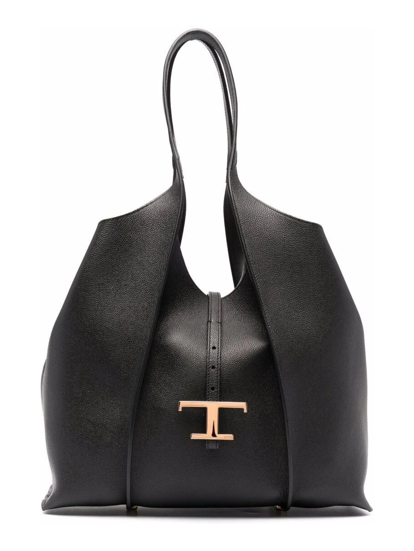 Black Tote Bag with T Timeless Charm in Leather Woman
