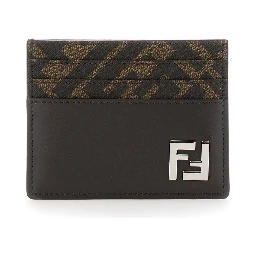 Brown Card-Holder with Squared FF Motif in Leather and FF Canvas Man