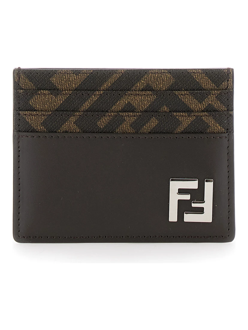 Brown Card-Holder with Squared FF Motif in Leather and FF Canvas Man