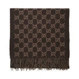 Brown Scarf with All-Over GG Motif and Fringed Hem in Cashmere Man