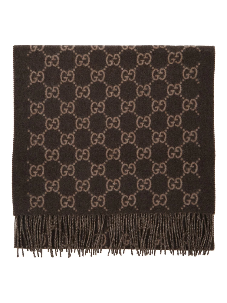 Brown Scarf with All-Over GG Motif and Fringed Hem in Cashmere Man
