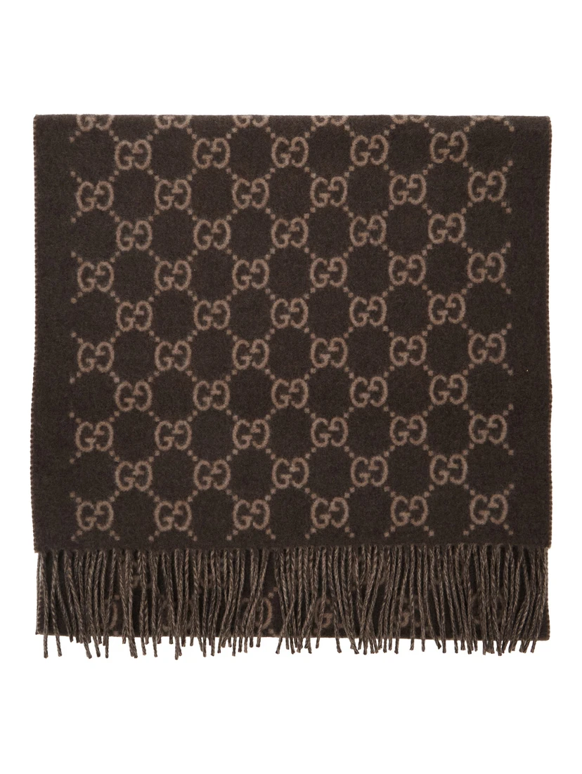 Brown Scarf with All-Over GG Motif and Fringed Hem in Cashmere Man