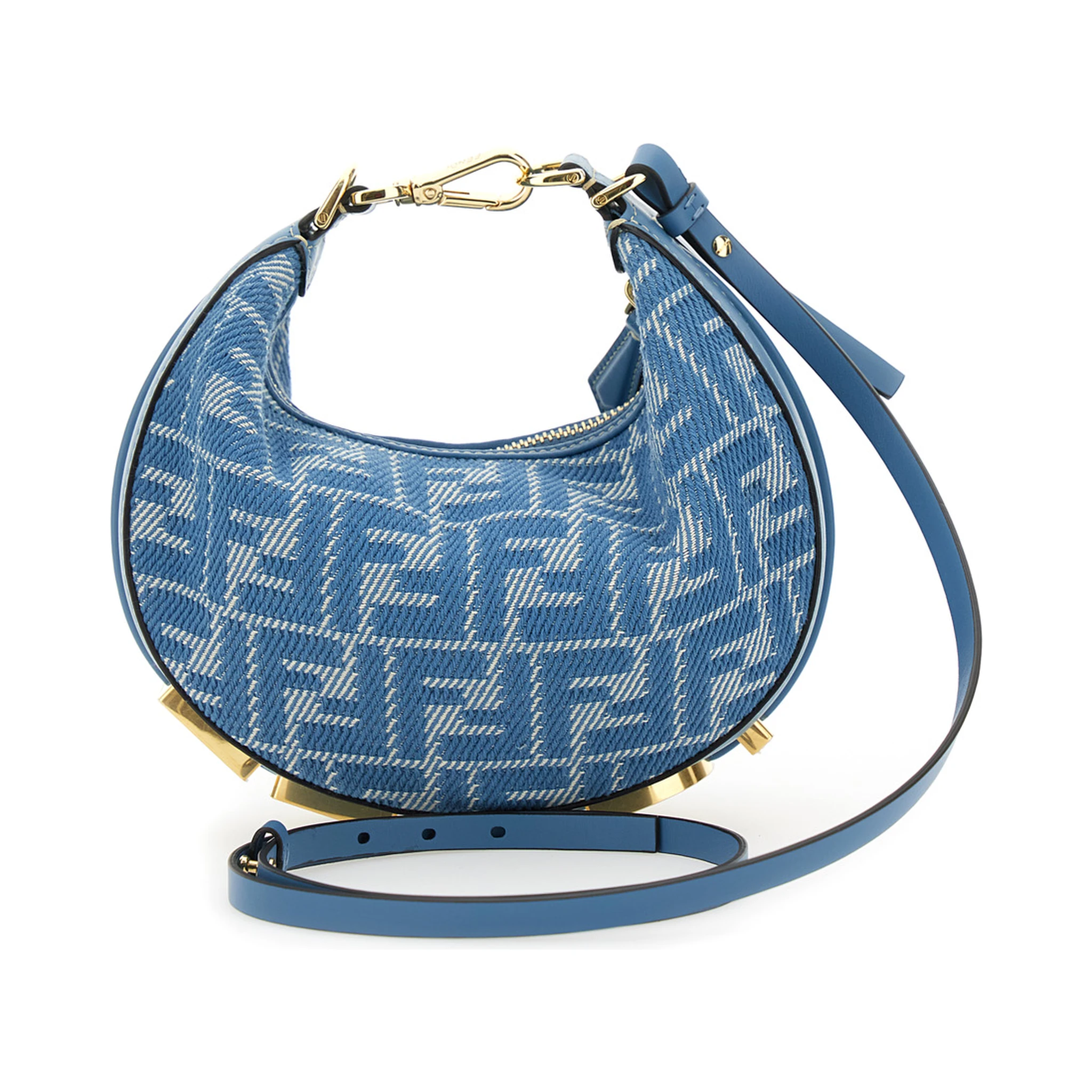 Fendigraphy Blue Mini Bag with All-Over FF Motif and Metal Lettering Logo on the Bottom in Cotton Woman