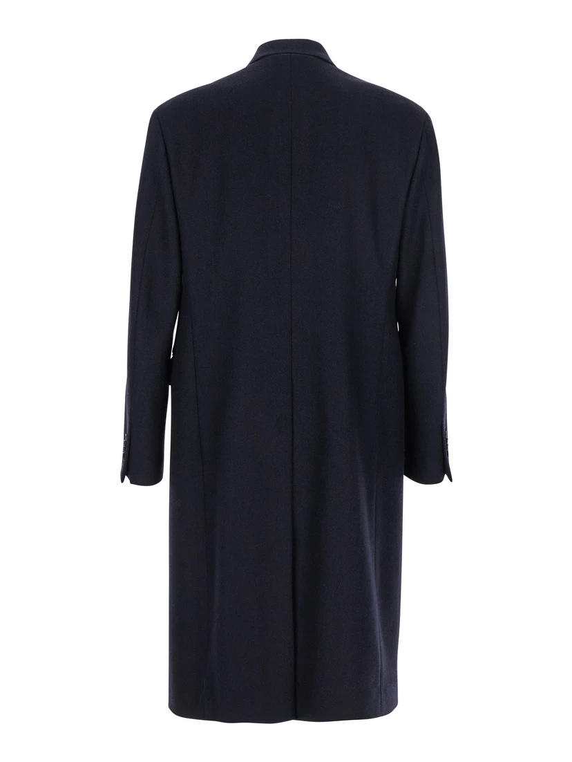 Blue Double-Breasted Coat with Peak Lapels in Wool Man