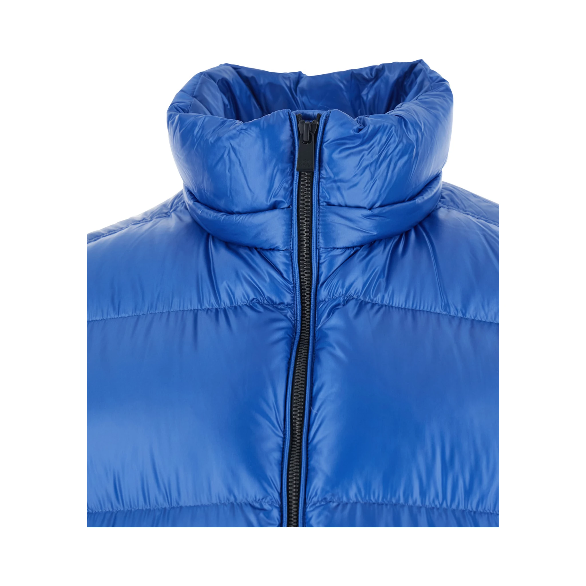 Belbo Blue Down Jacket with Fixed Hood and Logo Patch on the Sleeve in Tech Fabric Man