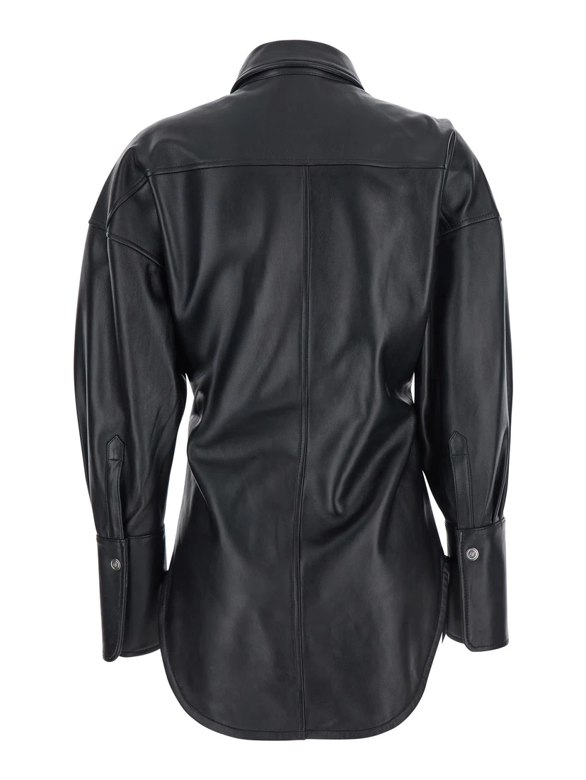 Black Shirt with Classic Collar and Waistband in Leather Woman