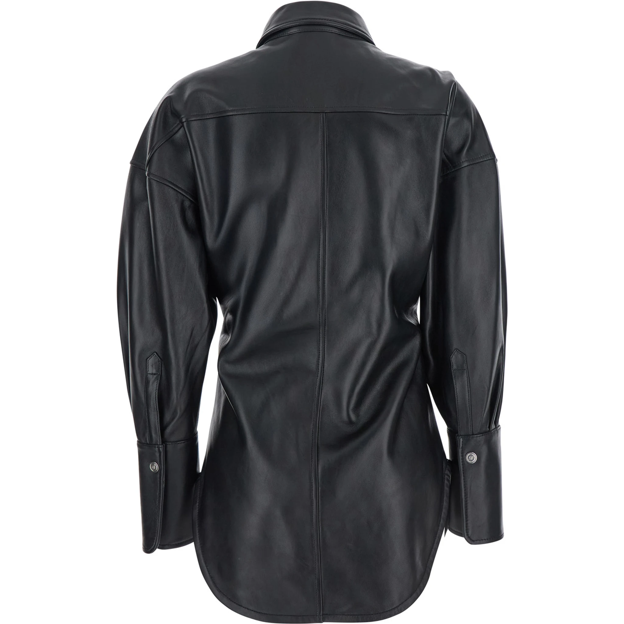Black Shirt with Classic Collar and Waistband in Leather Woman