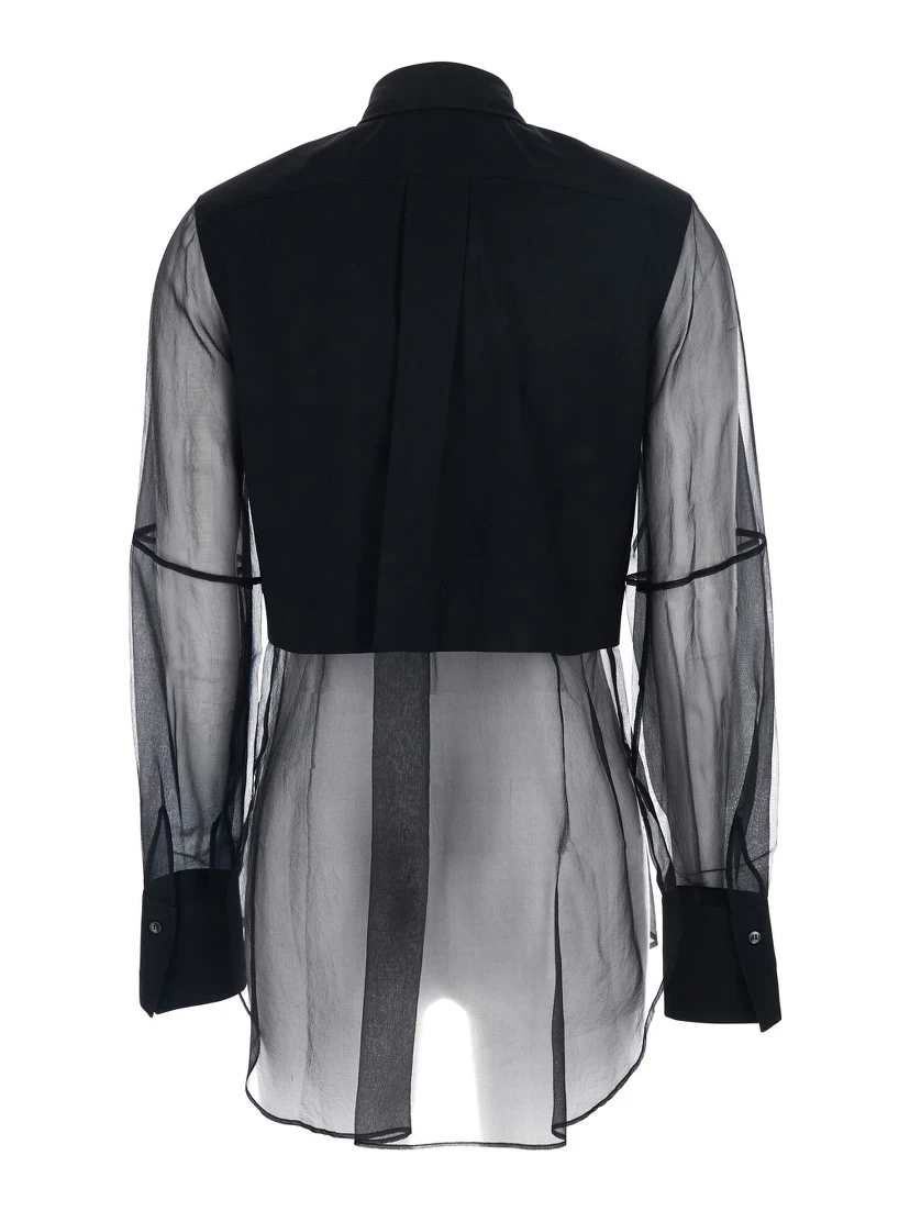 Black Shirt with Point Collar and Monils Detail on the Front in Fabric Woman