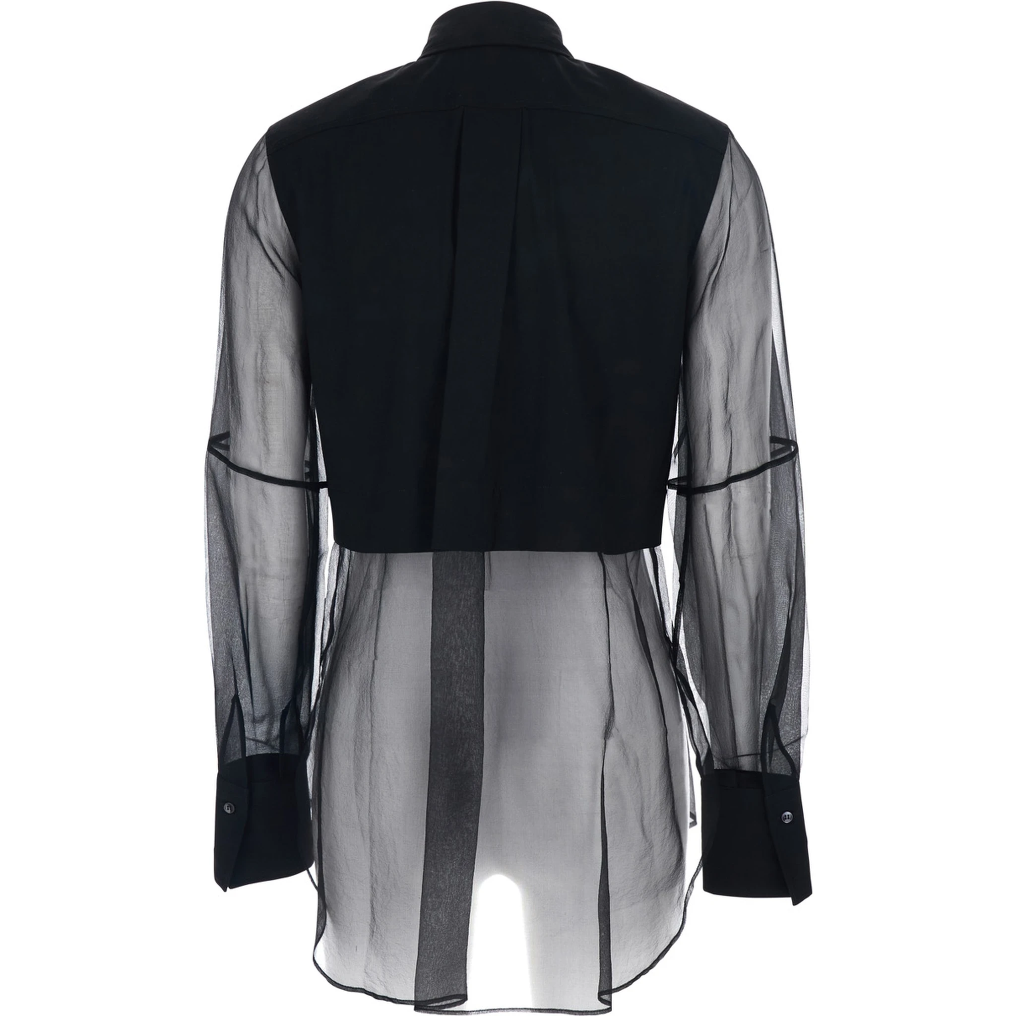 Black Shirt with Point Collar and Monils Detail on the Front in Fabric Woman