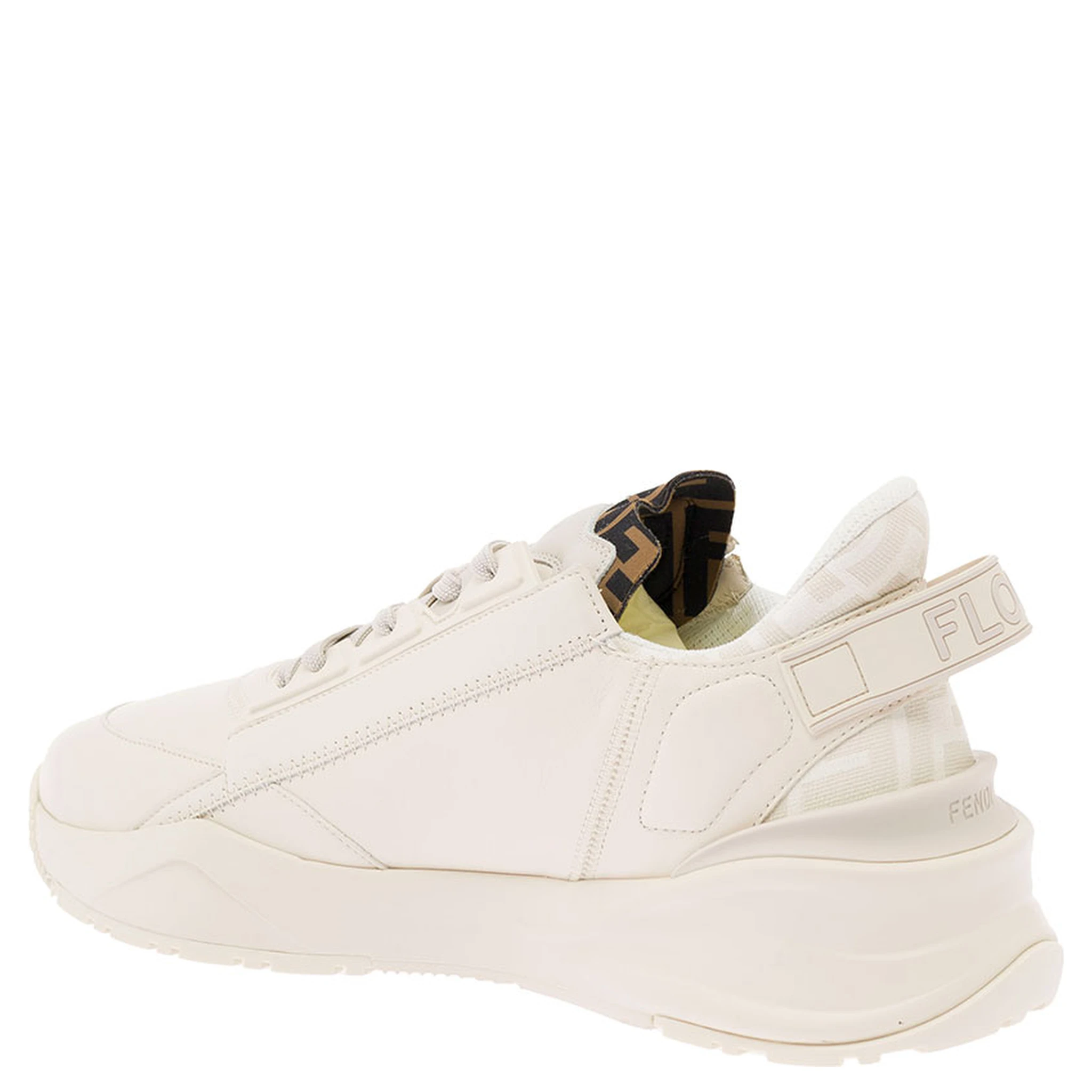 حذاء رياضي أبيض من فندي فلو مزين بشعار مطبوع بنقشة FF جاكار وجلد رجالي