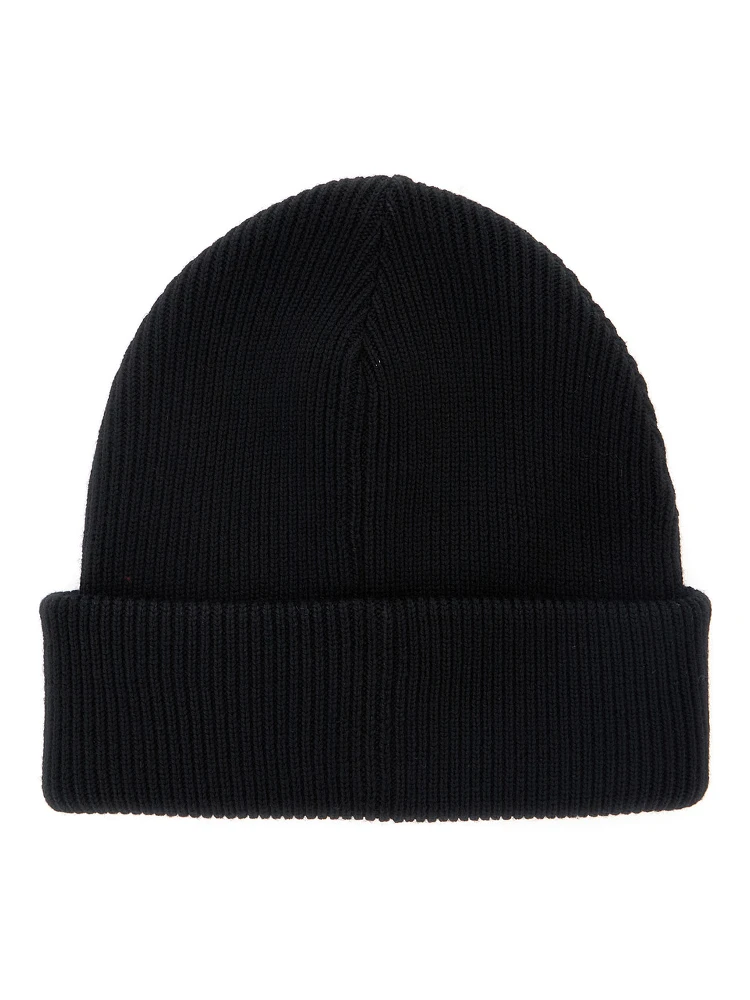 Black Ribbed Knit Beanie with Web Detail on the Front in Wool Man alternative