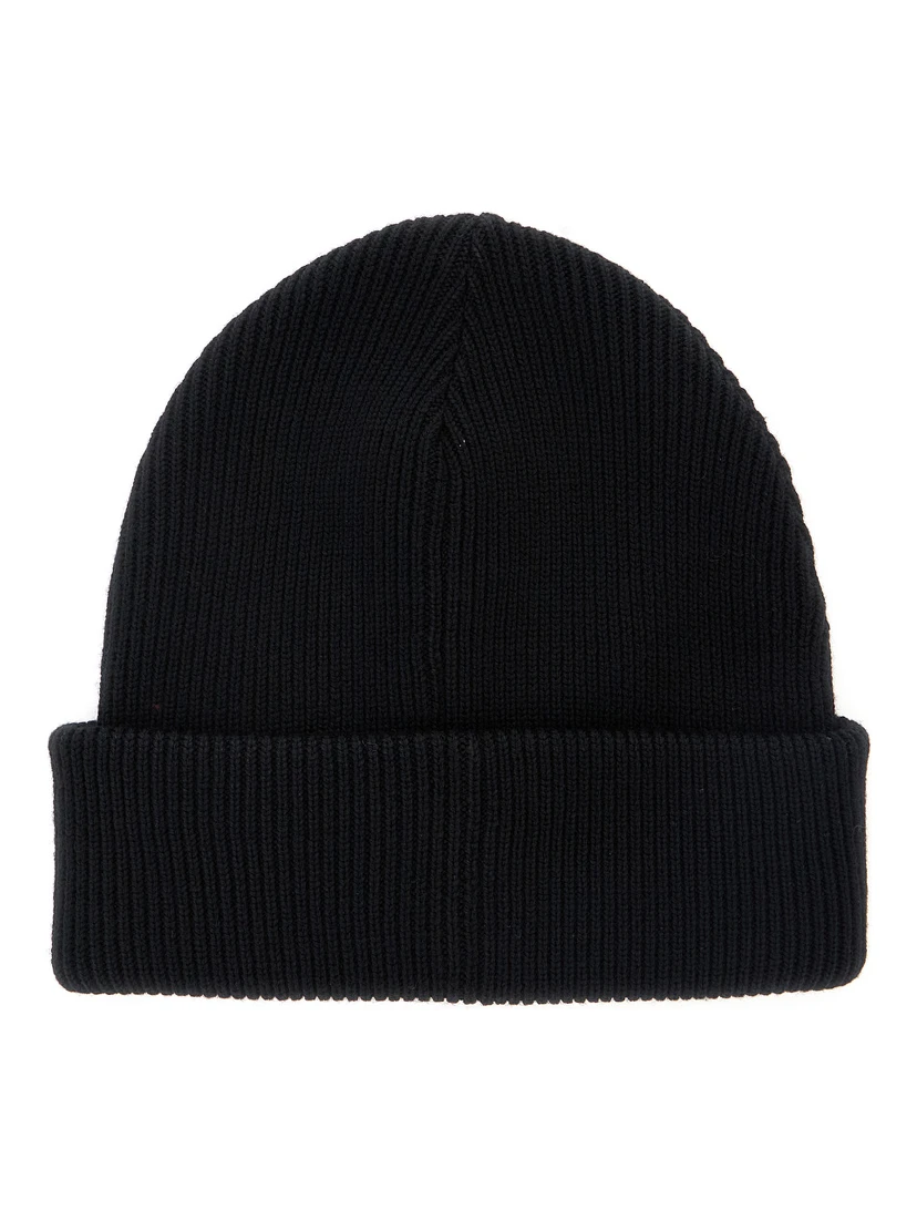 Black Ribbed Knit Beanie with Web Detail on the Front in Wool Man