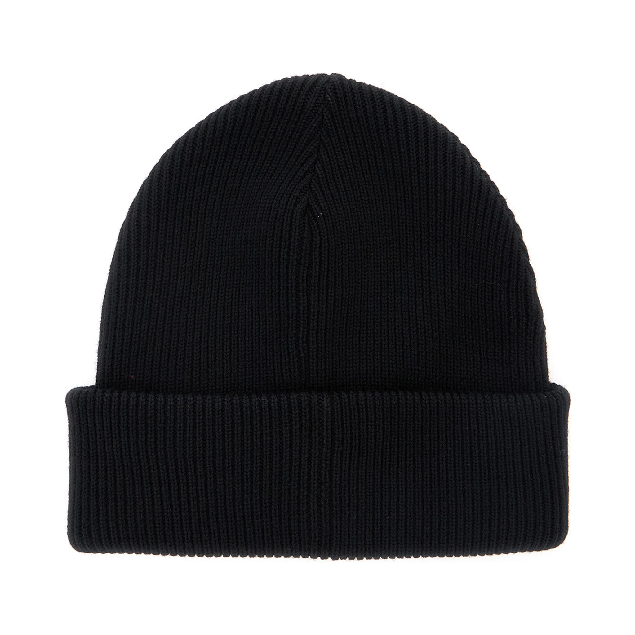 Black Ribbed Knit Beanie with Web Detail on the Front in Wool Man