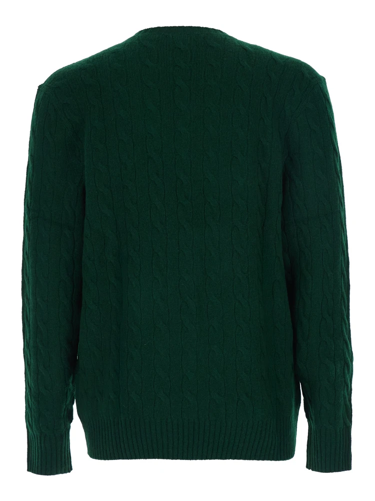 Green Cable Knit Crewneck Sweater with Pony Embroidery on the Front in Wool and Cashmere Man alternative