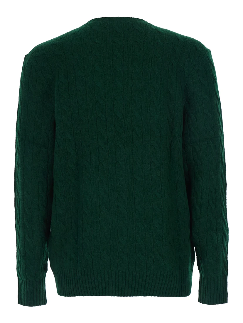 Green Cable Knit Crewneck Sweater with Pony Embroidery on the Front in Wool and Cashmere Man