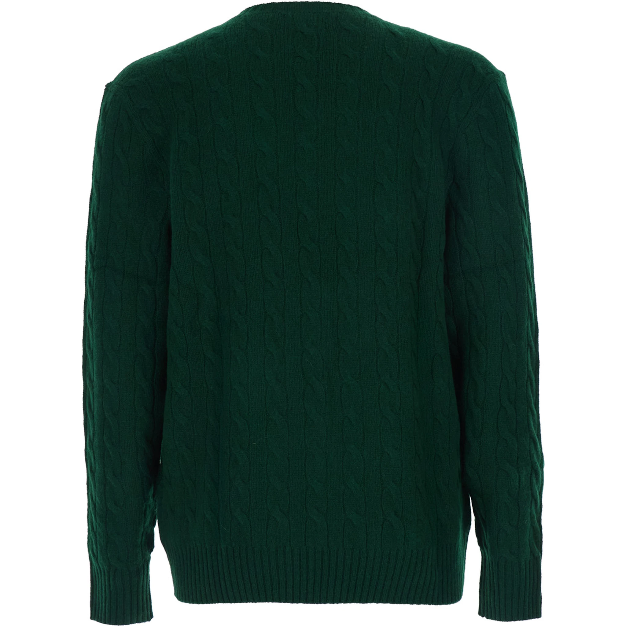 Green Cable Knit Crewneck Sweater with Pony Embroidery on the Front in Wool and Cashmere Man