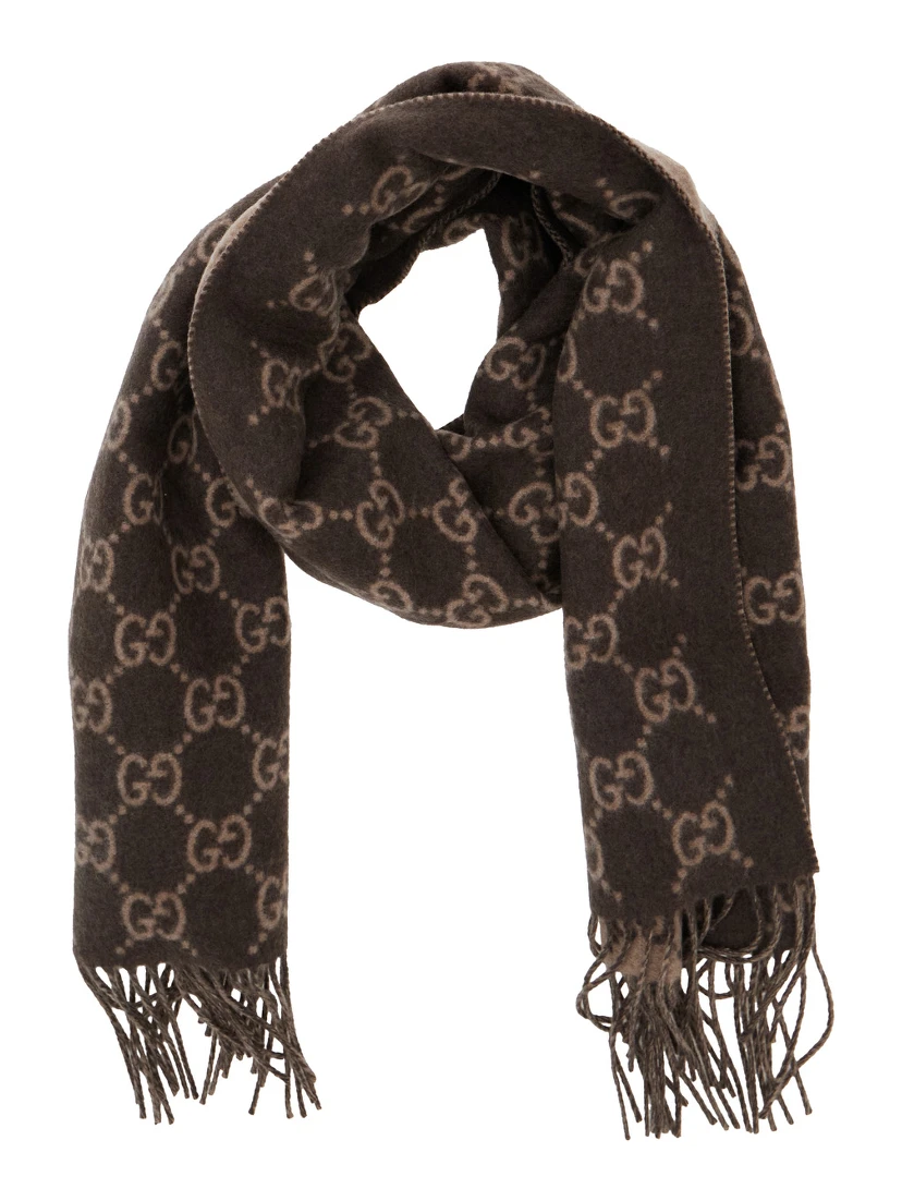 Brown Scarf with All-Over GG Motif and Fringed Hem in Cashmere Man