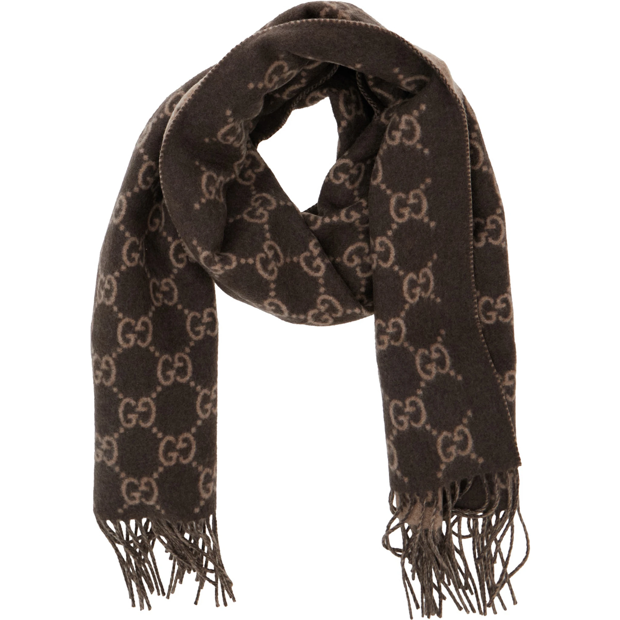 Brown Scarf with All-Over GG Motif and Fringed Hem in Cashmere Man