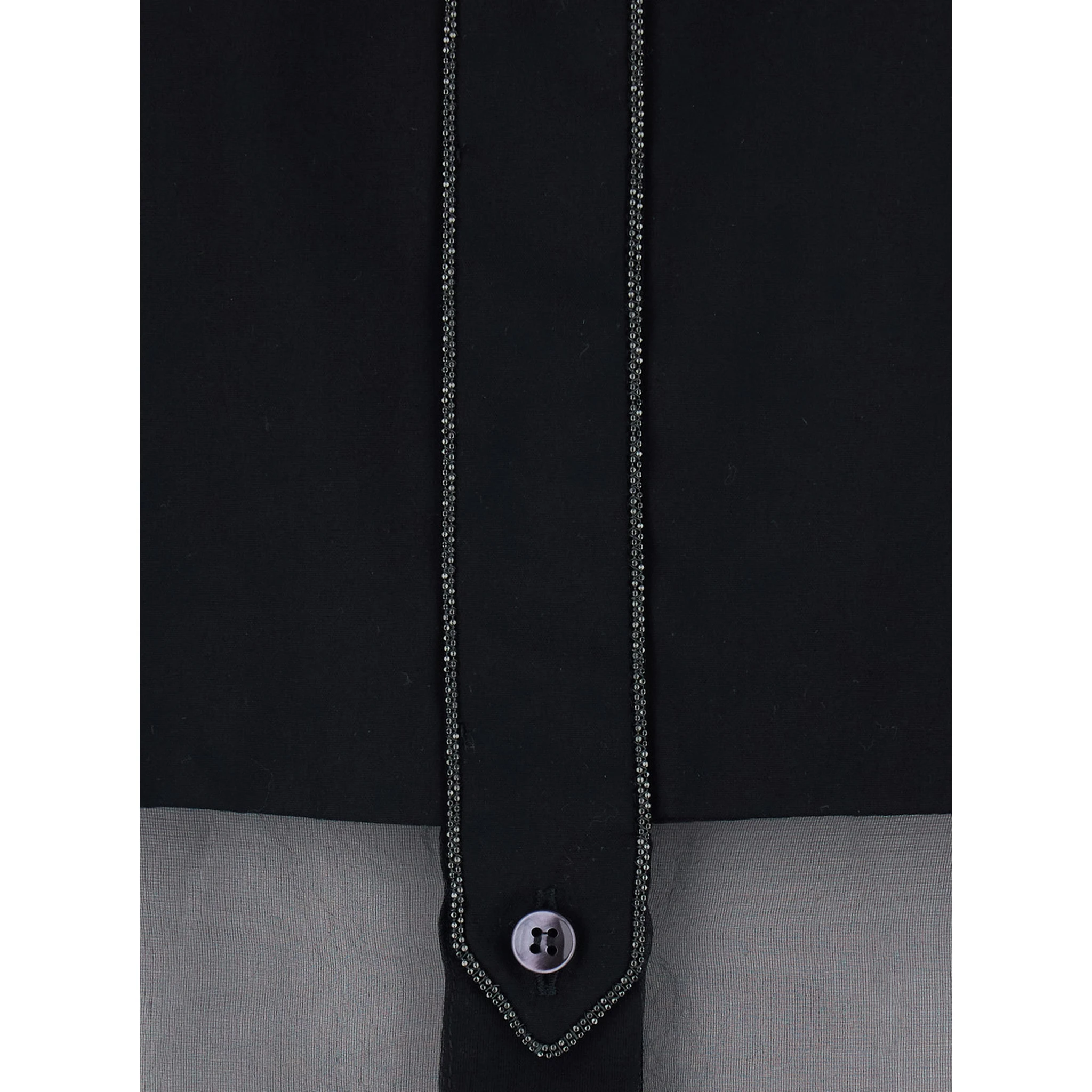 Black Shirt with Point Collar and Monils Detail on the Front in Fabric Woman