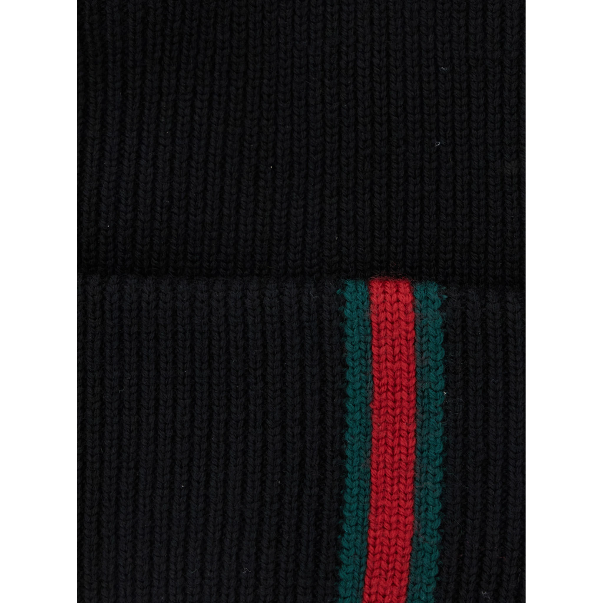 Black Ribbed Knit Beanie with Web Detail on the Front in Wool Man