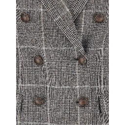 Grey Double-Breasted Jacket with All-Over Check Motif in Wool Woman