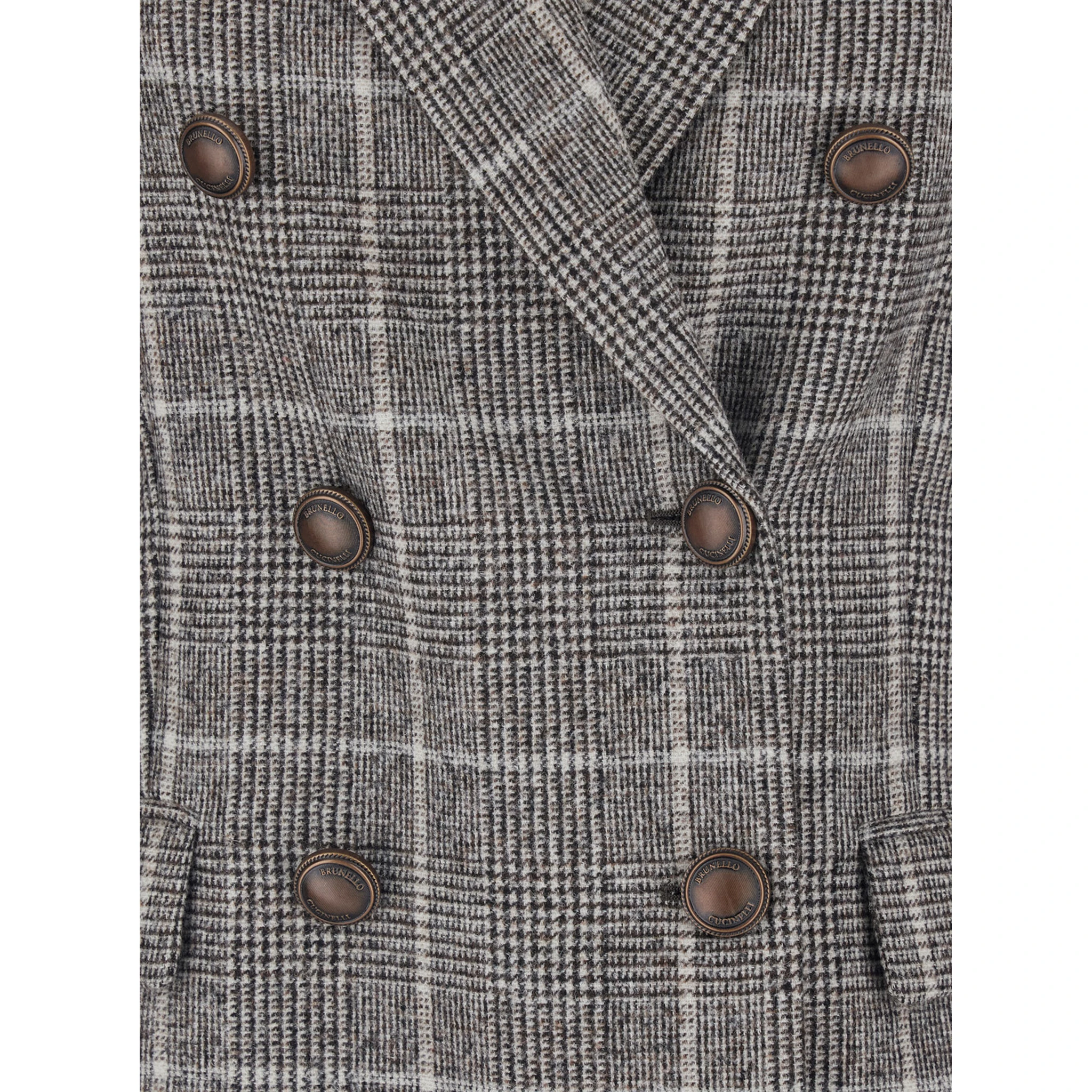 Grey Double-Breasted Jacket with All-Over Check Motif in Wool Woman