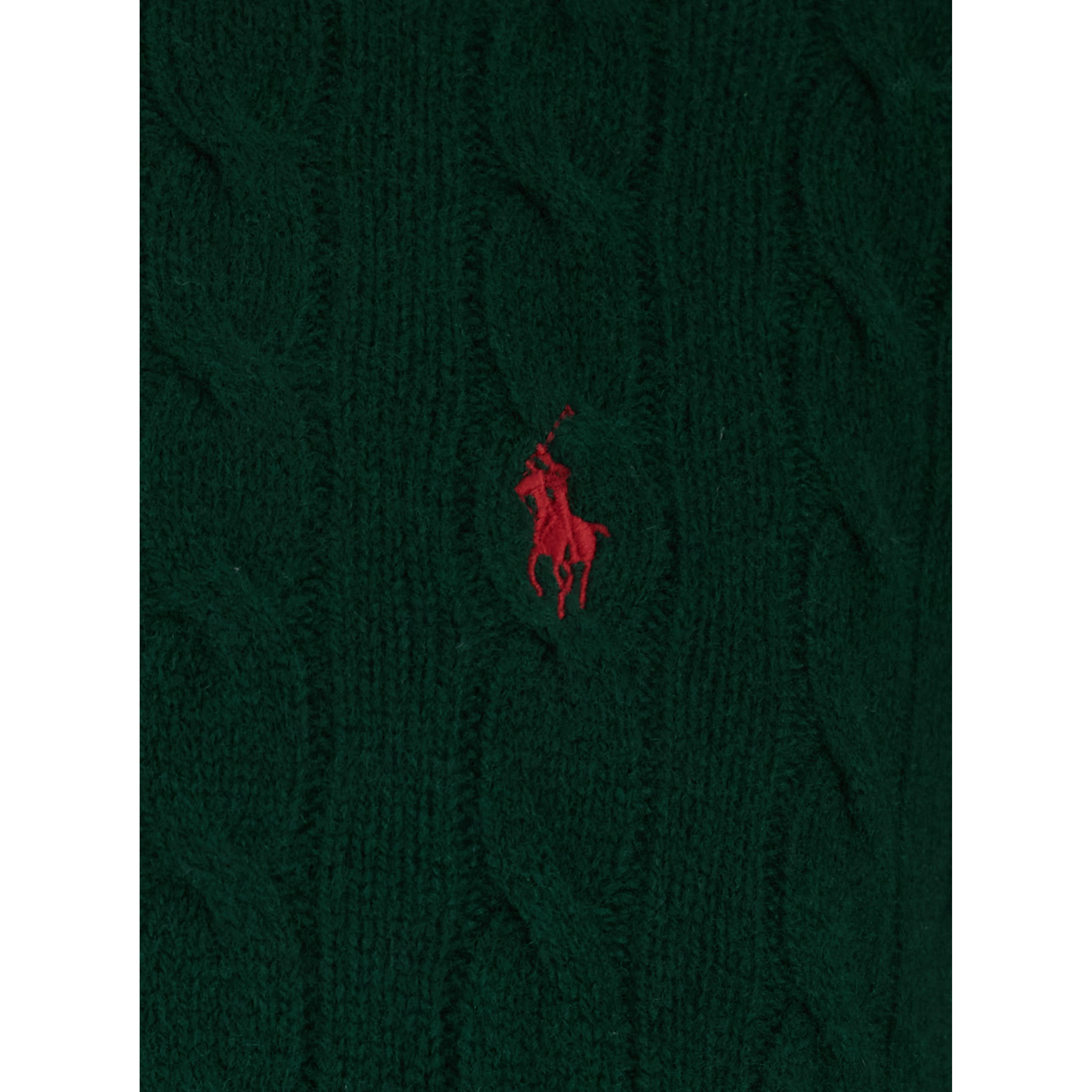 Green Cable Knit Crewneck Sweater with Pony Embroidery on the Front in Wool and Cashmere Man