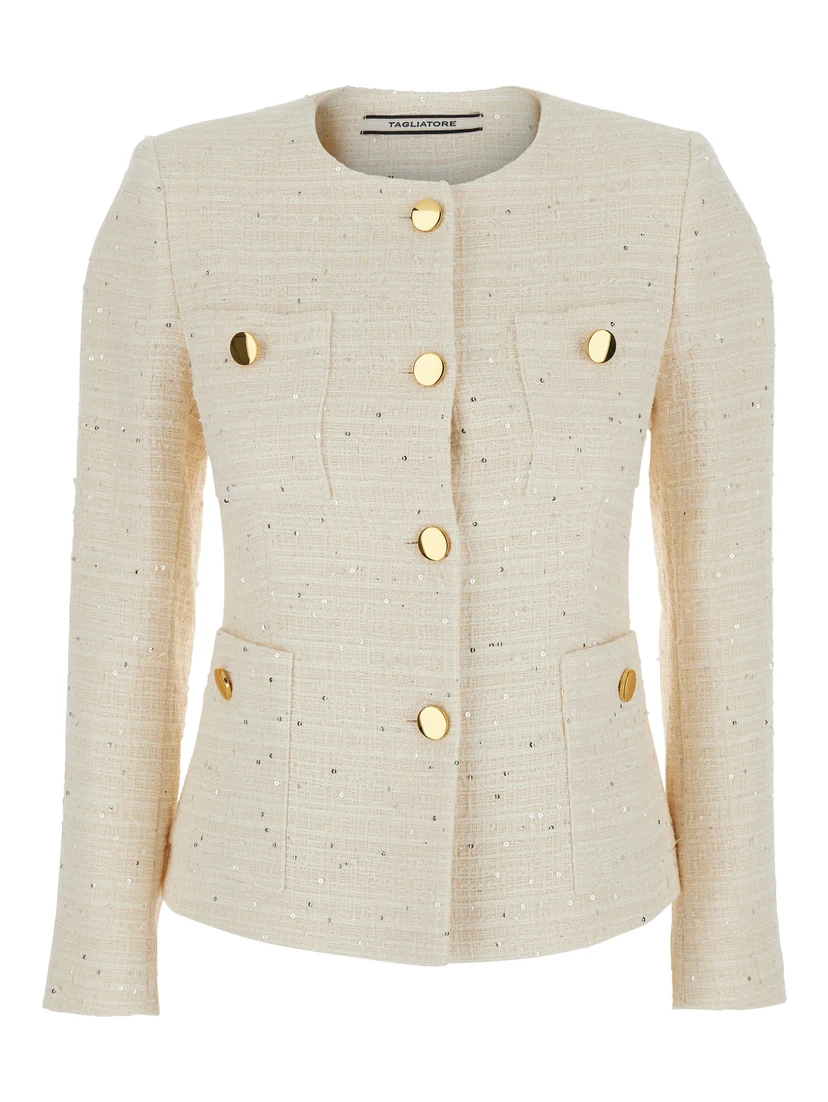 Beverly White Jacket with Metal Buttons in Cotton Tweed Woman