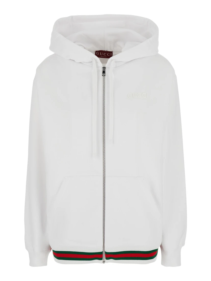 White Sweatshirt with Logo Imprinted on the Front and Web Detail on the Edge in Cotton Man