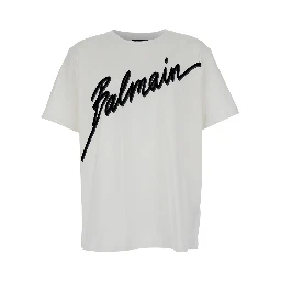 White Crewneck T-Shirt with Maxi Logo Lettering on the Front in Cotton Man