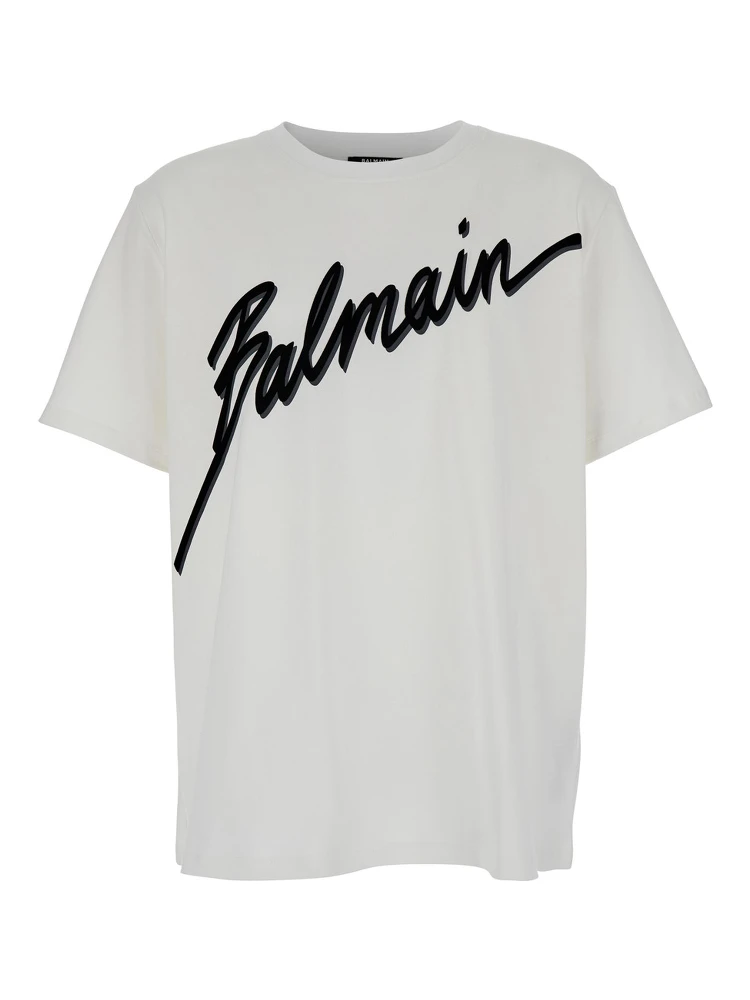 White Crewneck T-Shirt with Maxi Logo Lettering on the Front in Cotton Man