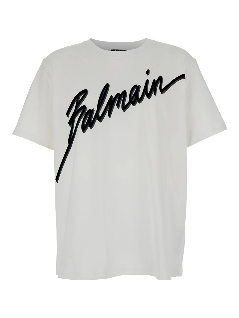 White Crewneck T-Shirt with Maxi Logo Lettering on the Front in Cotton Man