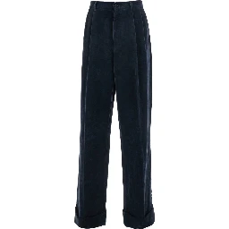 بنطال أزرق بحلقات حزام وحافة مطوية من مزيج الكتان والقطن للرجال