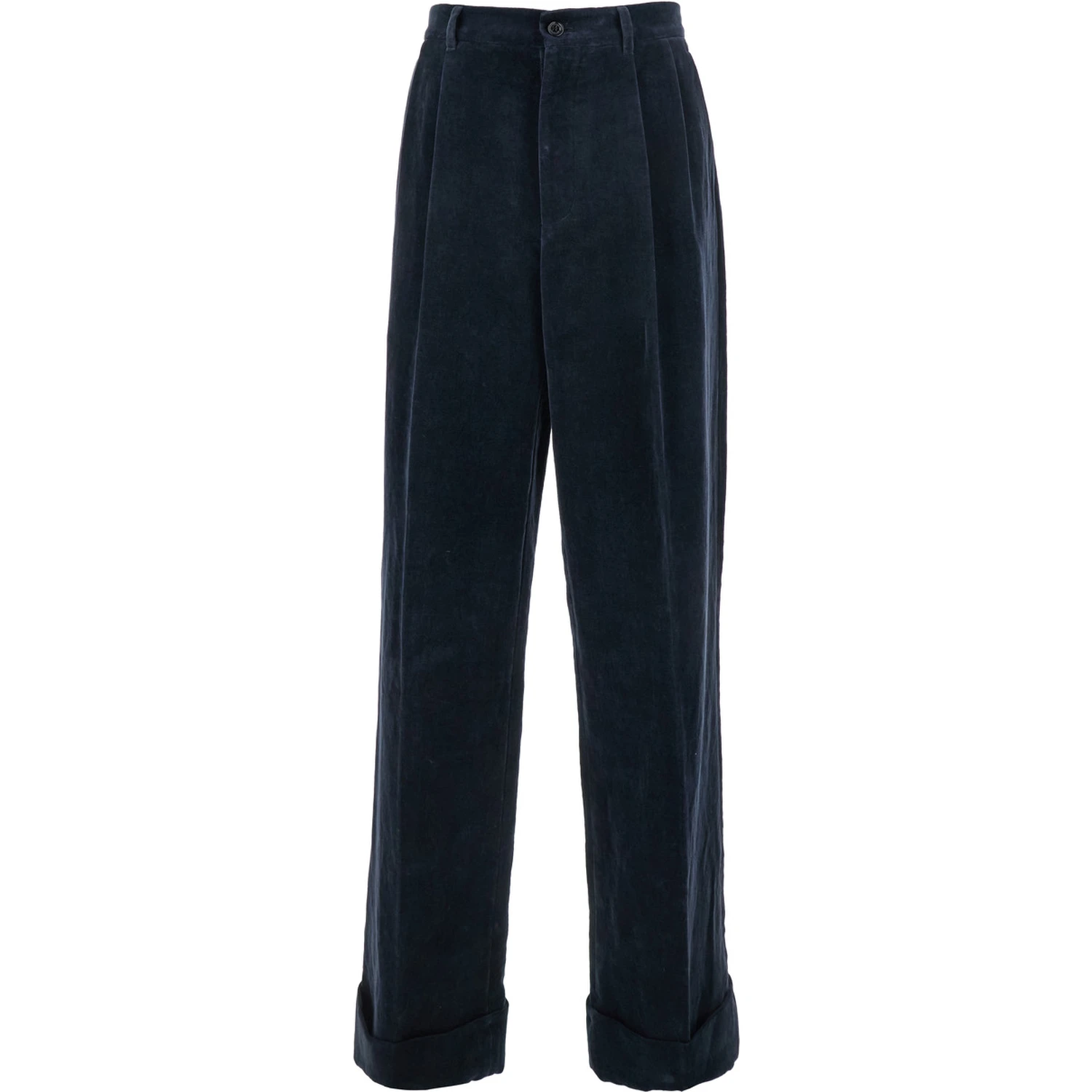 Blue Pants with Belt Loops and Turn-Up Hem in Linen and Cotton Blend Man