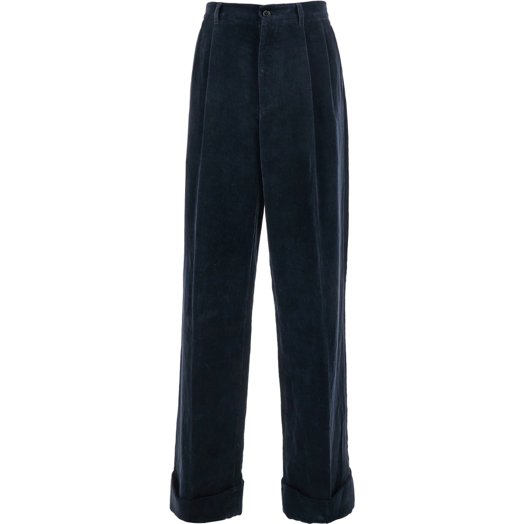 بنطال أزرق بحلقات حزام وحافة مطوية من مزيج الكتان والقطن للرجال