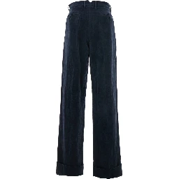 بنطال أزرق بحلقات حزام وحافة مطوية من مزيج الكتان والقطن للرجال