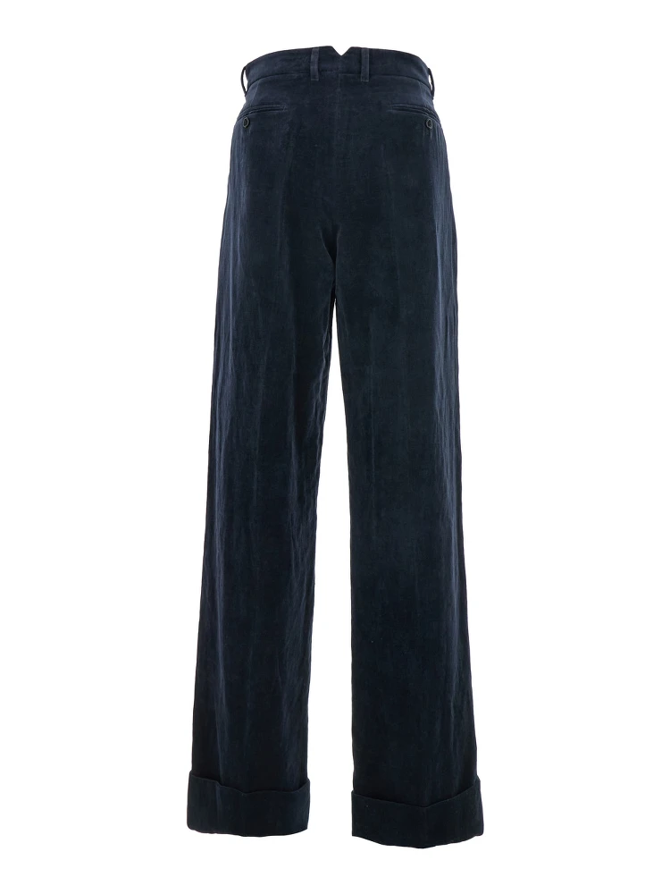 Blue Pants with Belt Loops and Turn-Up Hem in Linen and Cotton Blend Man alternative