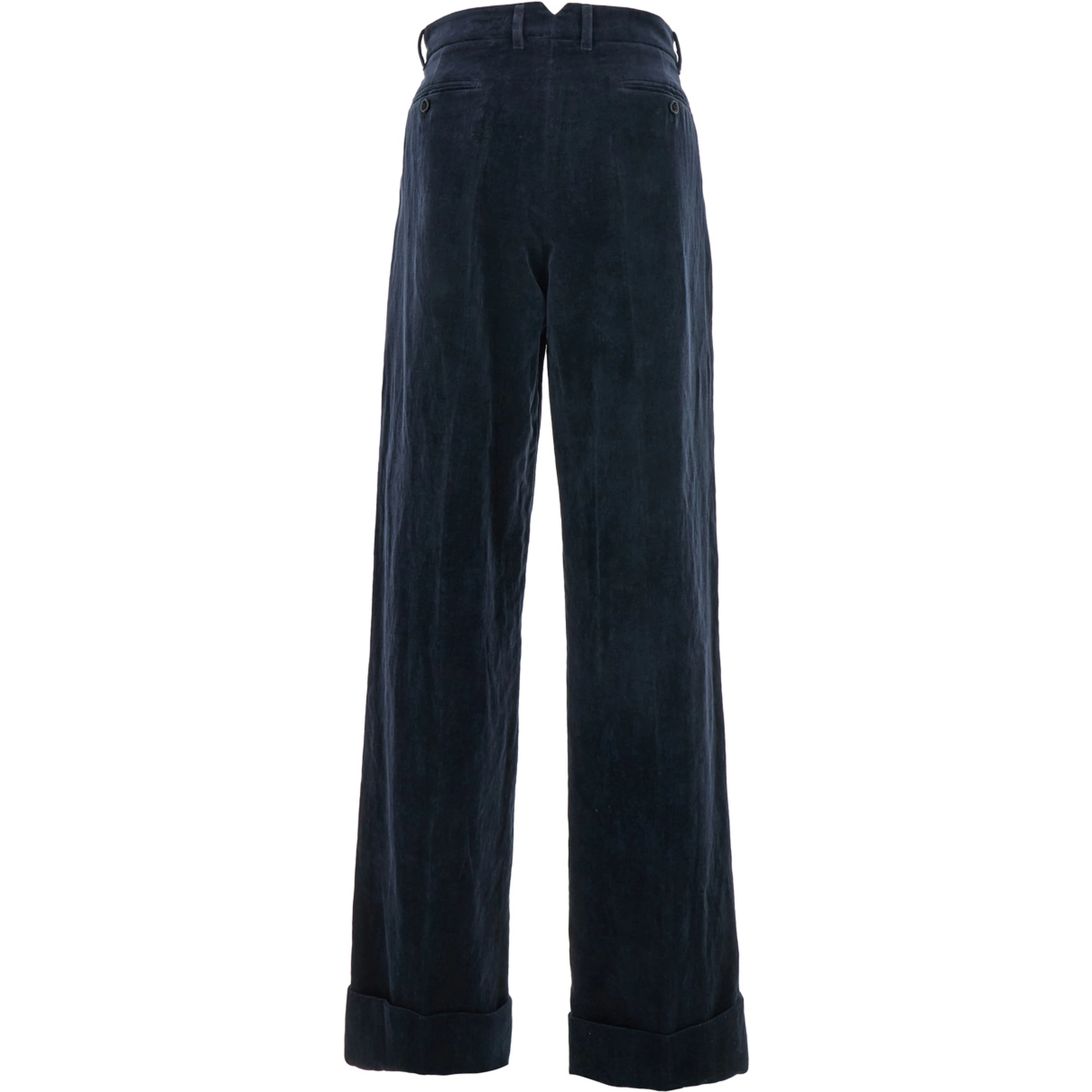 Blue Pants with Belt Loops and Turn-Up Hem in Linen and Cotton Blend Man